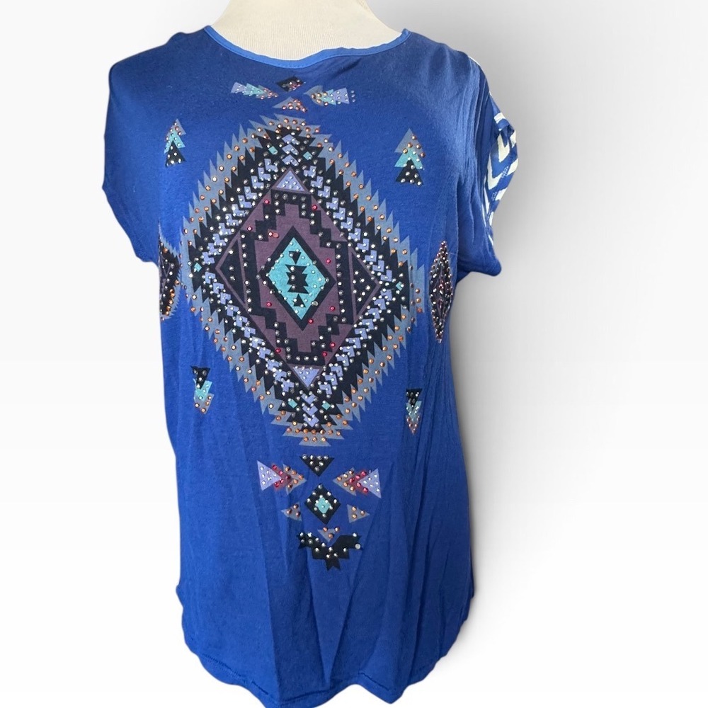Entro Top Womens Large Blue Studded Southwestern Chevron Short Sleeve Boho Tunic